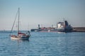 View of ship near the sea wall and small boat in the sea of Ã¢â¬â¹Ã¢â¬â¹Leca da Palmeira